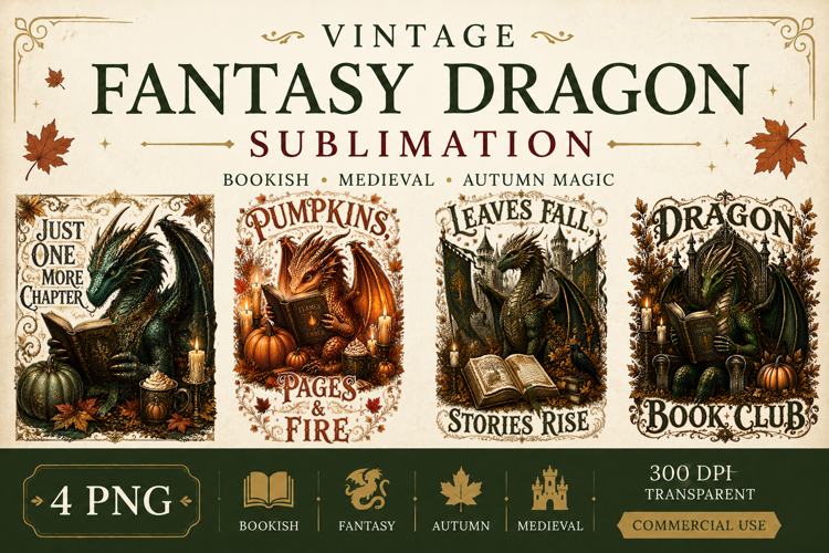 Vintage Fantasy Dragon Sublimation, Autumn Dragon Clipart