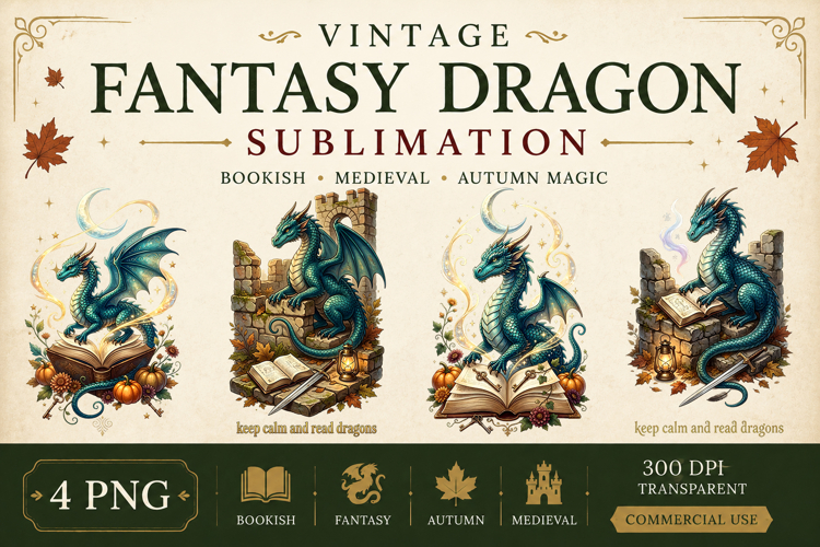 Vintage Fantasy Dragon Sublimation, Autumn Dragon Clipart