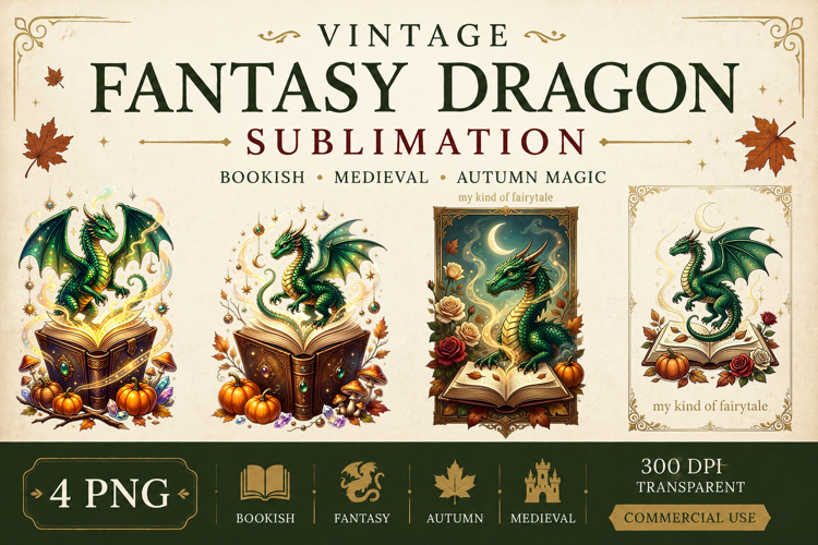 Vintage Fantasy Dragon Sublimation, Autumn Dragon Clipart