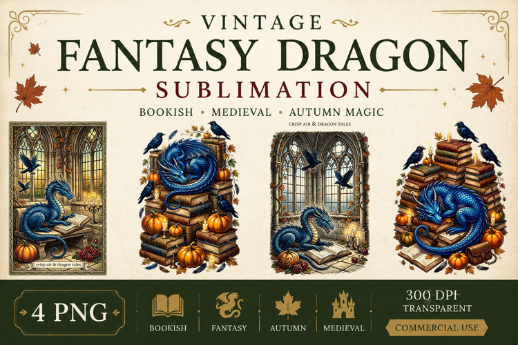 Vintage Fantasy Dragon Sublimation, Autumn Dragon Clipart