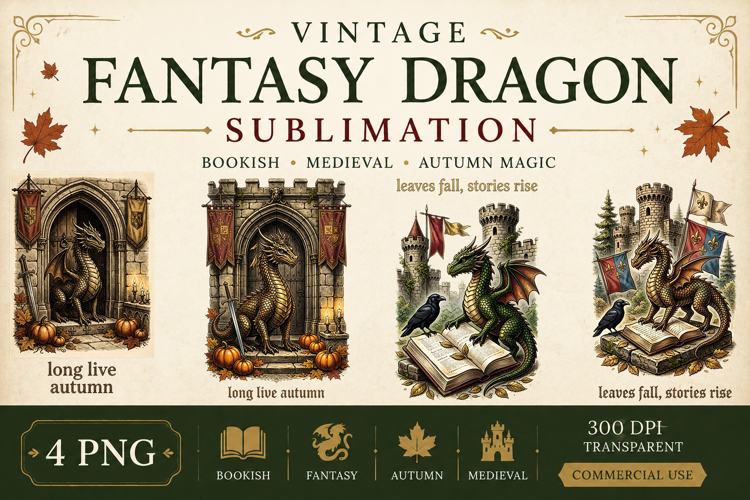 Vintage Fantasy Dragon Sublimation, Autumn Dragon Clipart