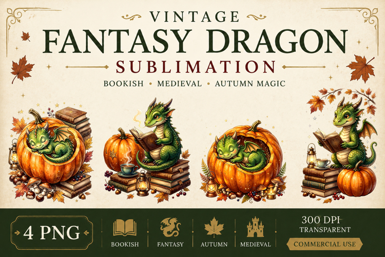 Vintage Fantasy Dragon Sublimation, Autumn Dragon Clipart
