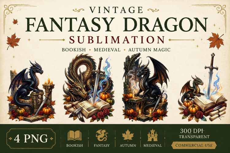 Vintage Fantasy Dragon Sublimation, Autumn Dragon Clipart