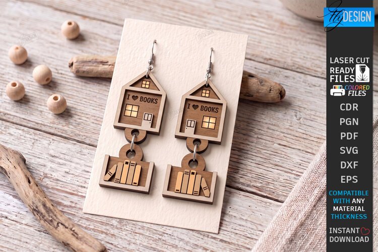 Wooden Booklover Earrings Laser Cut | Bookshelf | Jewelry example image 1