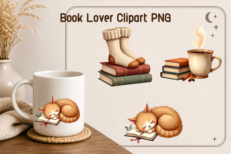 Cozy Cat Book Lover Clipart PNG | Book sublimation