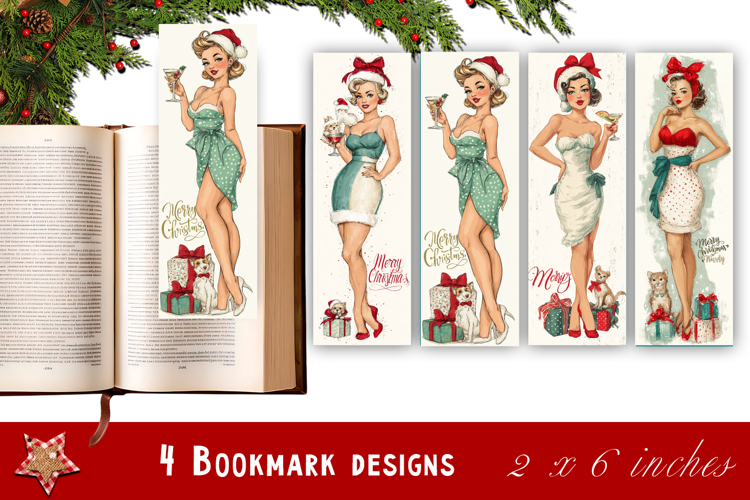 Pin up christmas girl bookmark printable | Retro woman book