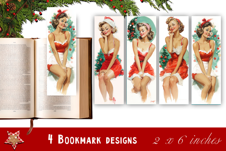 Pin up christmas girl bookmark printable | Retro woman book