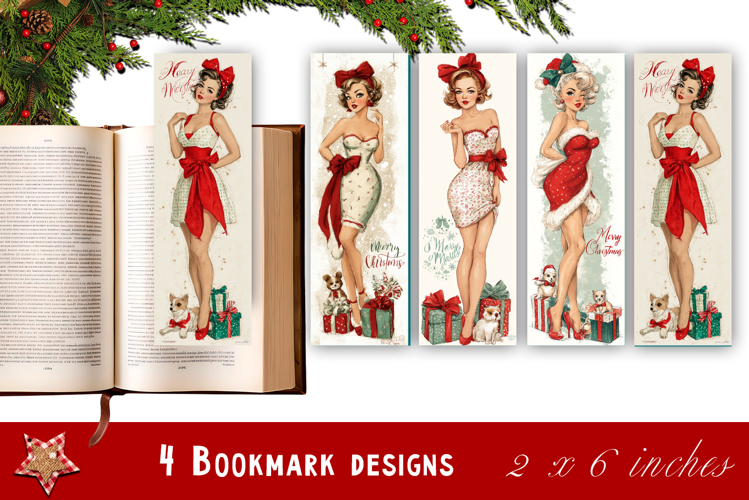 Pin up christmas girl bookmark printable | Retro woman book
