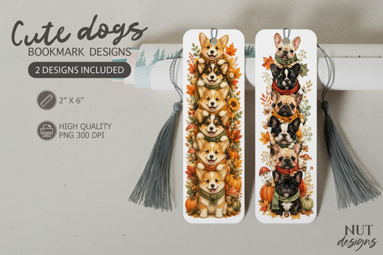 Fall corgi french bulldog bookmark, autumn dog bookmark