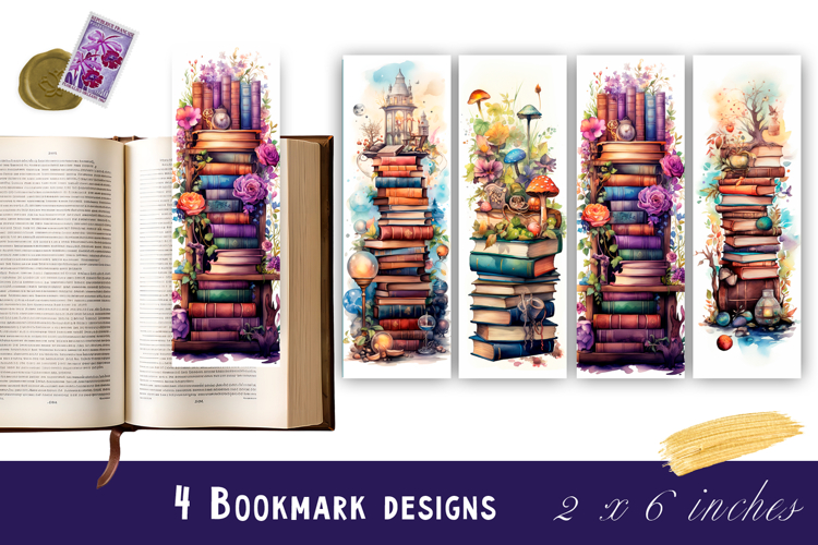 Flowers and books bookmark, pile of books, floral Bookmarks