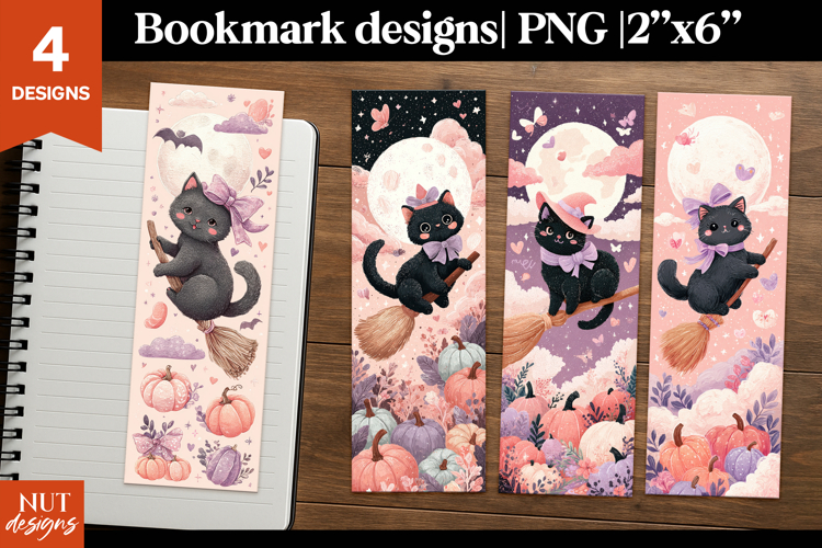 Witch Cat Bookmarks PNG, Cartoon halloween bookmarks for kid