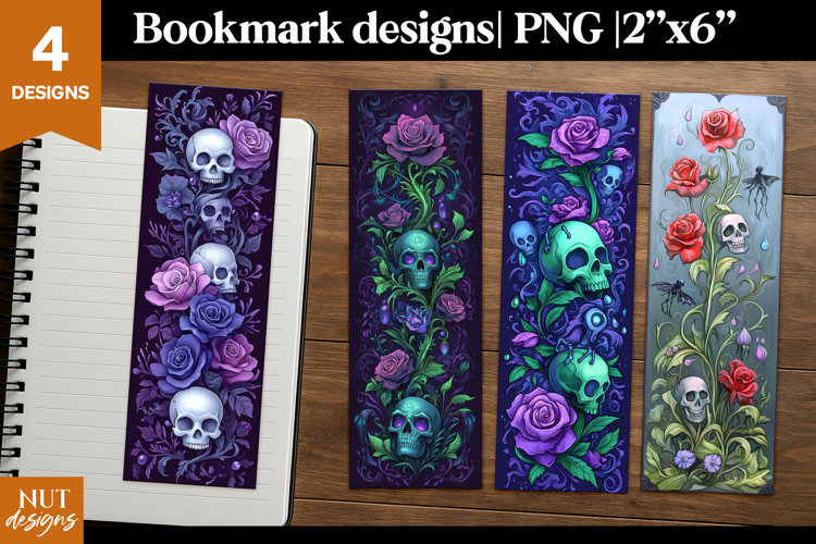 Dark floral Skull bookmark, Halloween bookmark printable