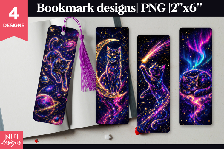 Neon Galaxy Black Cat Bookmark PNG fantasy night bookmark