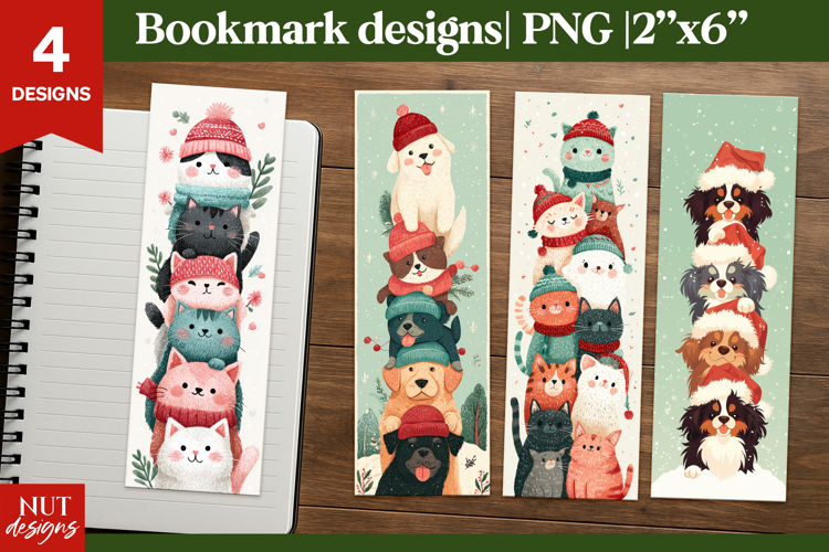 Christmas bookmark designs. Dogs & Cats in Santa hat