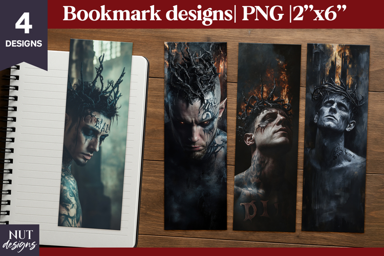 Halloween bookmarks, Dark Fantasy Tattooed man with crown
