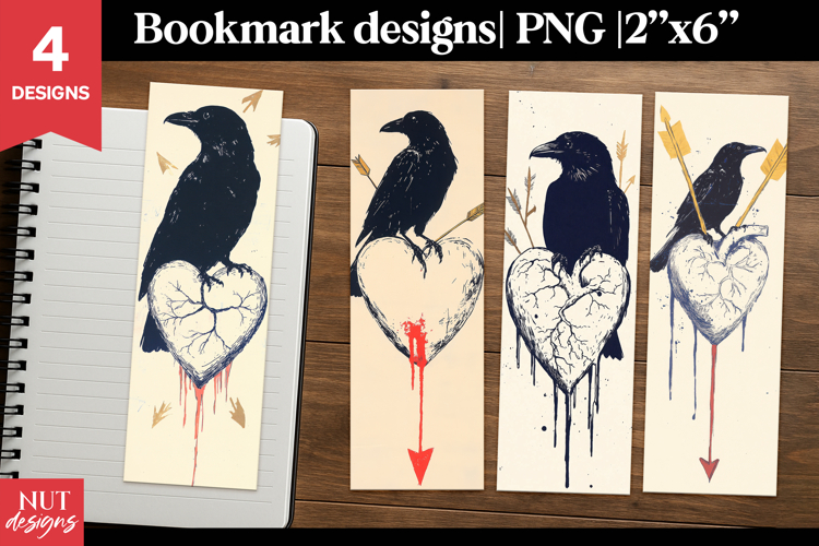 Crow and Heart Bookmarks, Gothic dark romance bookmark