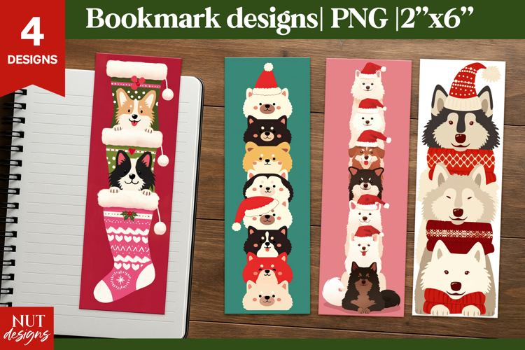 Christmas dogs bookmark designs. Dog in Santa hat Bookmarks