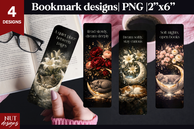Moon Cat Floral Bookmarks PNG Fantasy Bookmarks printable