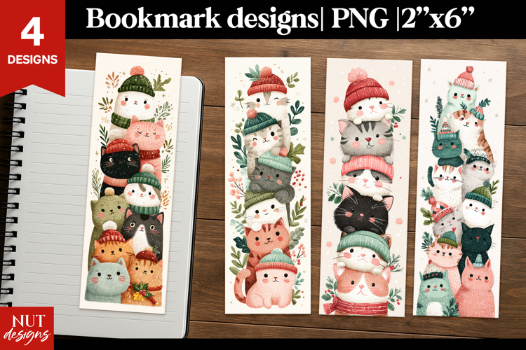 Funny Fall cats bookmark designs. Winter Cats Bookmarks