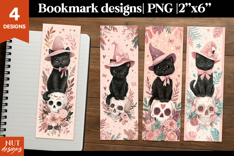 Witch Cat Bookmarks PNG, Cartoon halloween bookmarks for kid