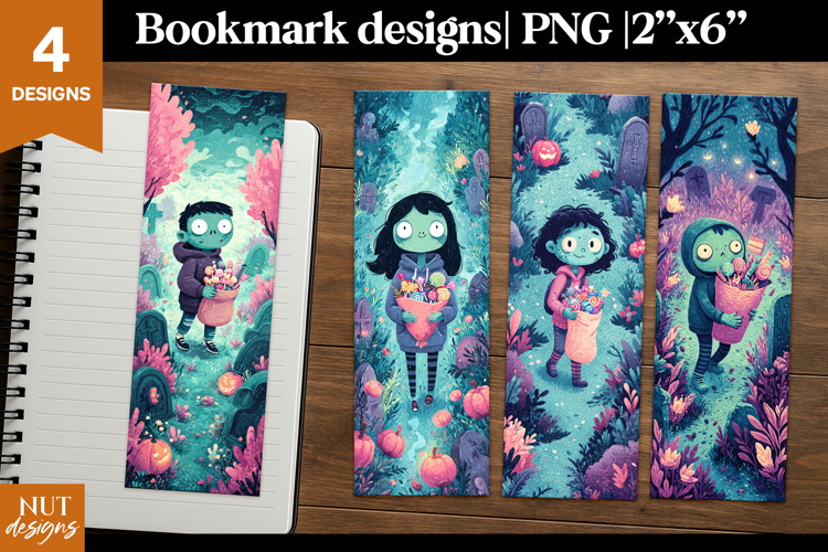 Cute Zombie Kids Bookmarks, Cartoon halloween bookmark