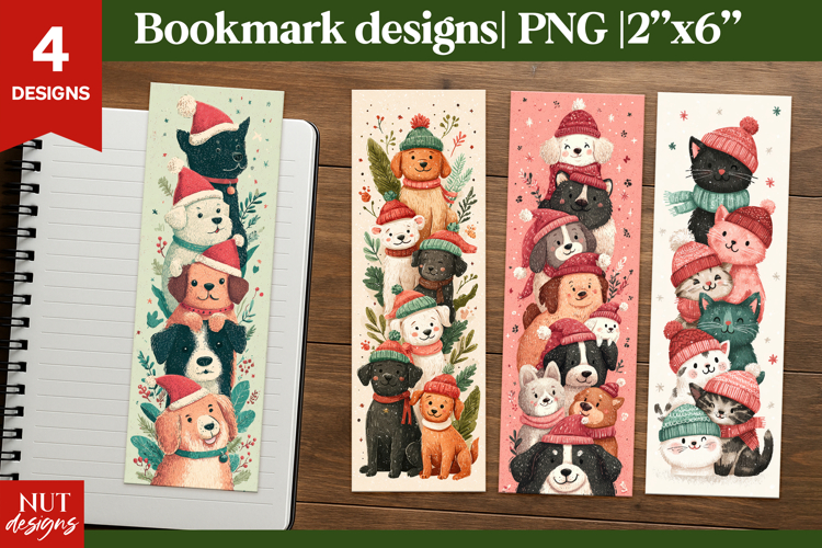 Christmas bookmark designs. Dogs & Cats in Santa hat