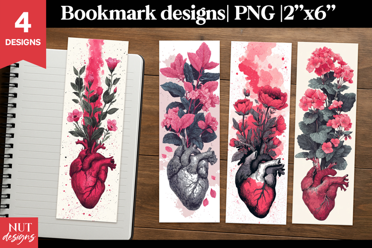 Anatomical Heart Floral Bookmarks, Gothic Valentine bookmark