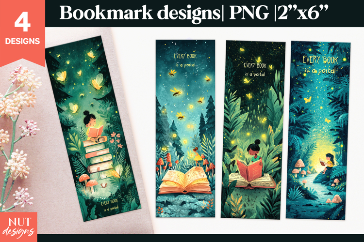 Books reading quote, Every book is a portal bookmark PNG