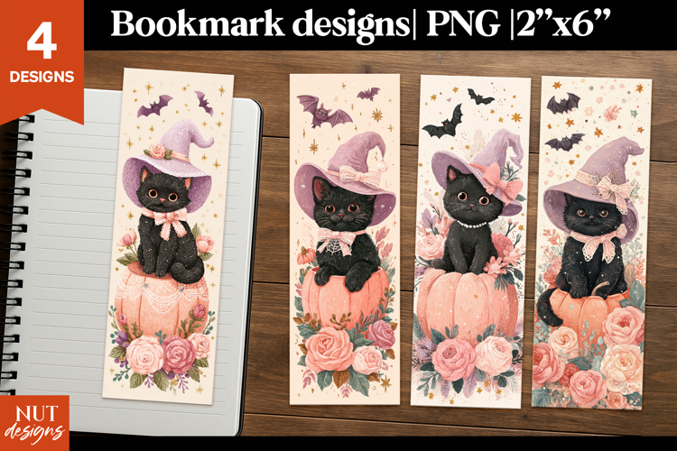Witch Cat Bookmarks PNG, Cartoon halloween bookmarks for kid