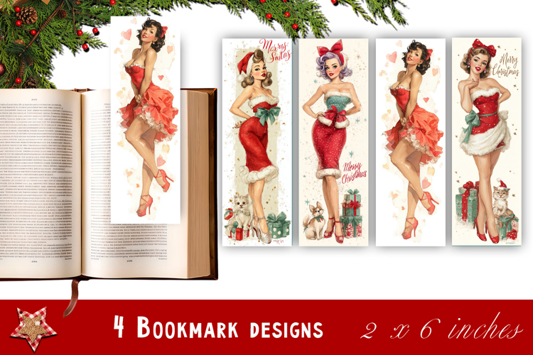 Pin up christmas girl bookmark printable | Retro woman book