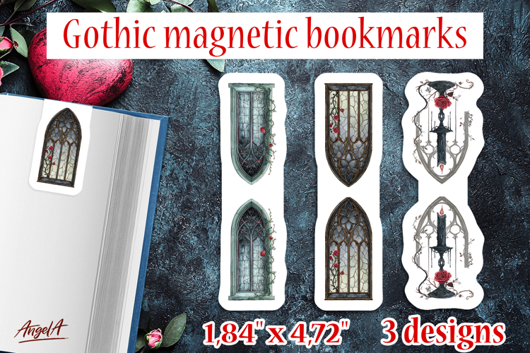 Gothic magnetic bookmarks Floral vintage window, candle PNG