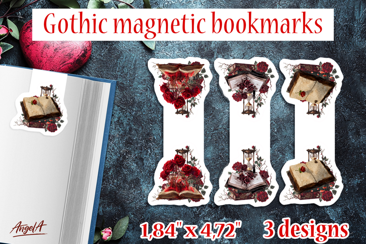 Floral Gothic magnetic bookmarks Open book, hourglass, roses