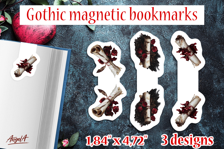 Floral Gothic magnetic bookmarks vintage papyrus, red roses