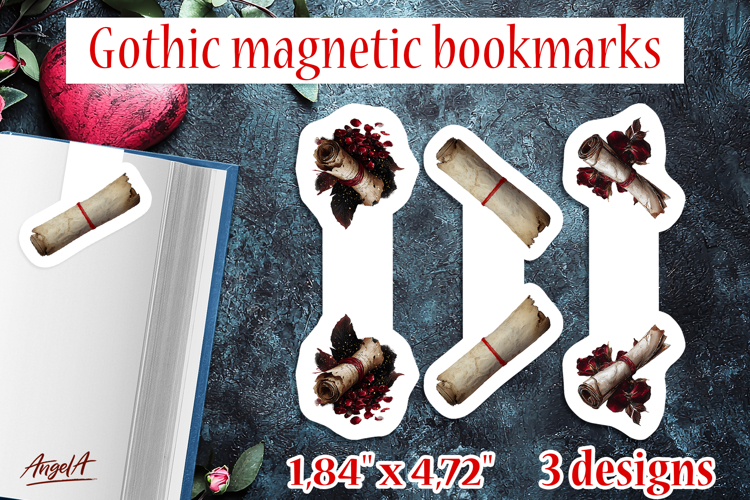 Floral Gothic magnetic bookmarks vintage papyrus, red roses