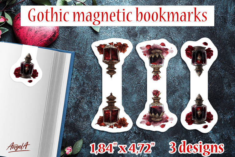 Floral Gothic magnetic bookmarks vintage ink jar, red roses