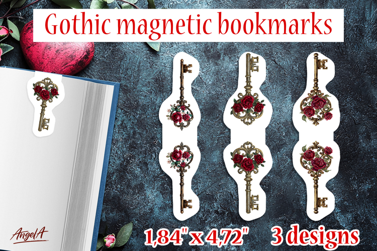 Floral Gothic magnetic bookmarks vintage golden key roses