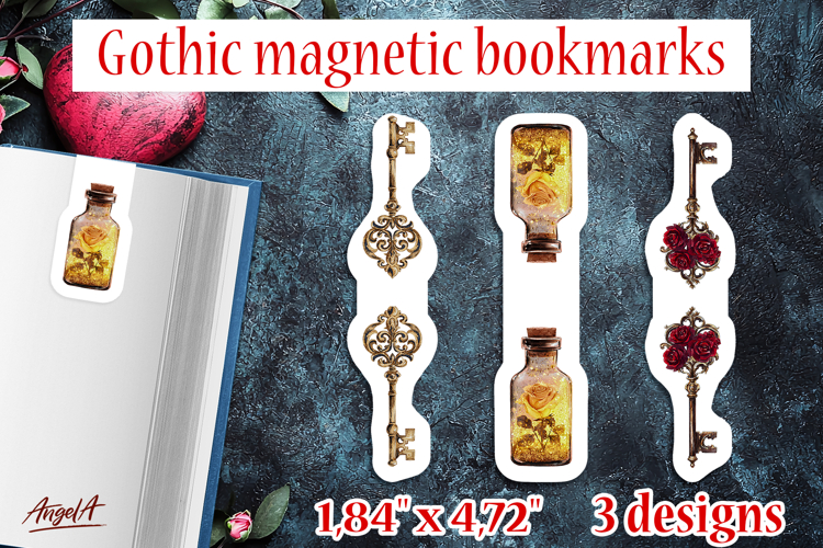 Gothic magnetic bookmarks vintage golden key, magical bottle