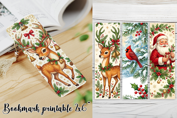 Christmas Bookmark PNG | Reindeer Cardinal Santa Designs