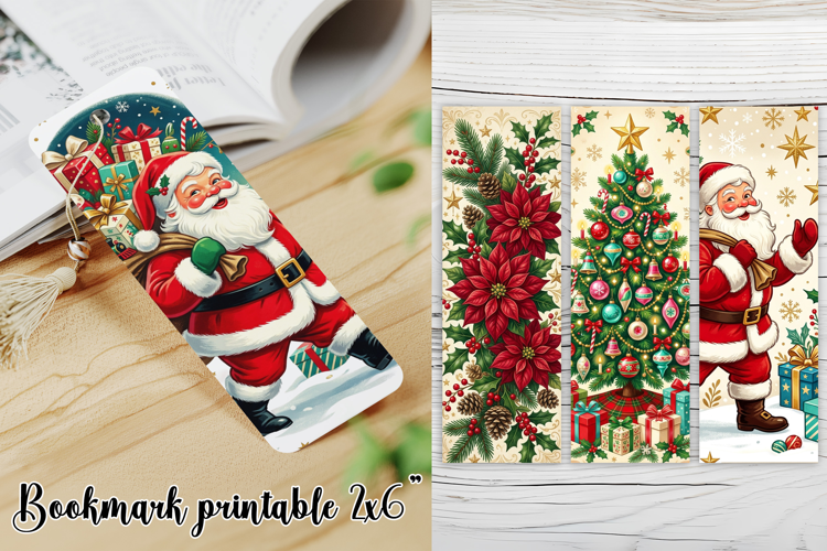 Vintage Christmas Bookmark PNG | Santa Poinsettia Tree