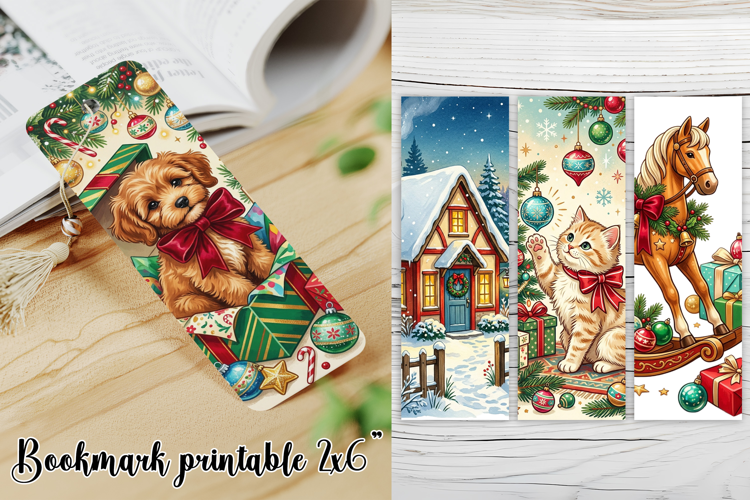 Vintage Christmas Bookmark PNG | Puppy Cat Horse Designs