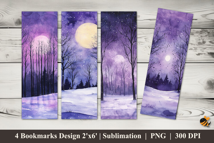 Snow Night Panorama Bookmarks Sublimation Design example image 1