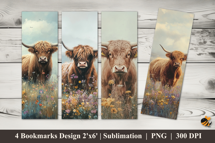 Cow Wildflowers Bookmarks Sublimation Design example image 1