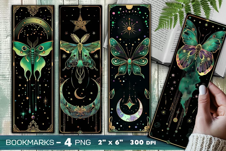 Lunar moth bookmark, Magic moth and moon watercolor bookmark