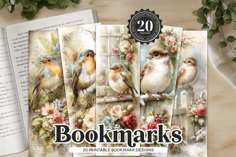 Printable Bird Bookmarks Bundle | 20 Vintage Floral Bookmark