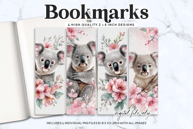 Koala Bookmark PNG Bundle - 4 Watercolor Floral Designs