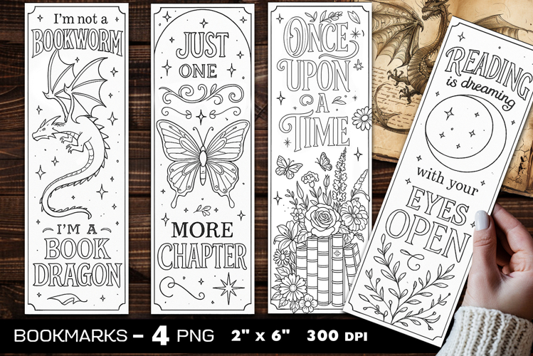 Magic books coloring bookmark, Dragons coloring bookmarks