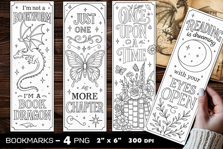 Magic books coloring bookmark, Dragons coloring bookmarks