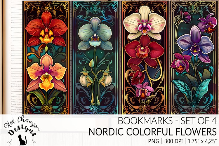 Bookmarks set sublimation nordic art colorful orchids flowers nature