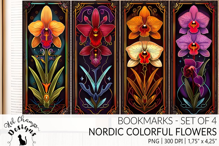 Bookmarks set sublimation nordic art colorful orchids flowers nature