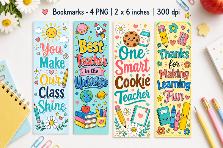 Cheerful Teacher Bookmarks printable PNG designs example image 1